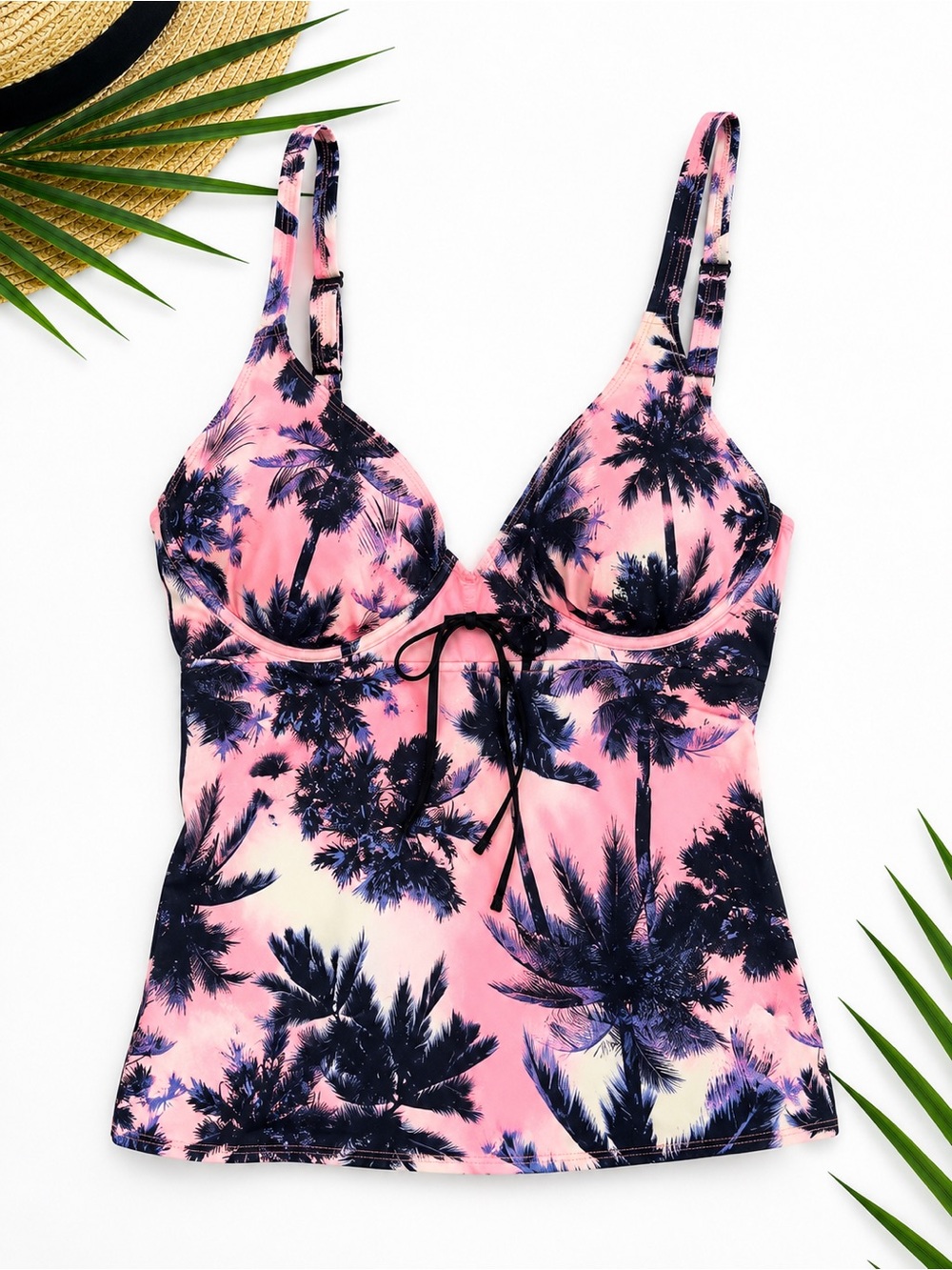 Sunseeker Pink Palm Print Tankini Top Underwire Adjustable Straps Women’s 8